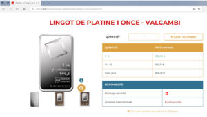Or.fr propose à la vente au 31/07/2019 des lingots de platine au cours de 836,30€